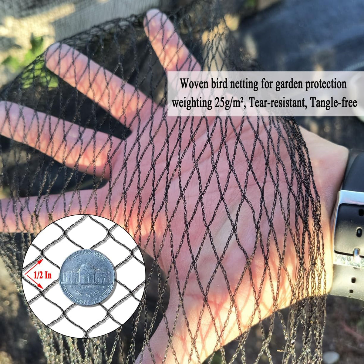 Junflying Bird Netting, 10x30 FT – 1/2" Mesh, Woven Black Netting for Garden Protection with Ties, Protects Vegetables, Fruit Trees, Blueberry Bushes & Strawberry Plants