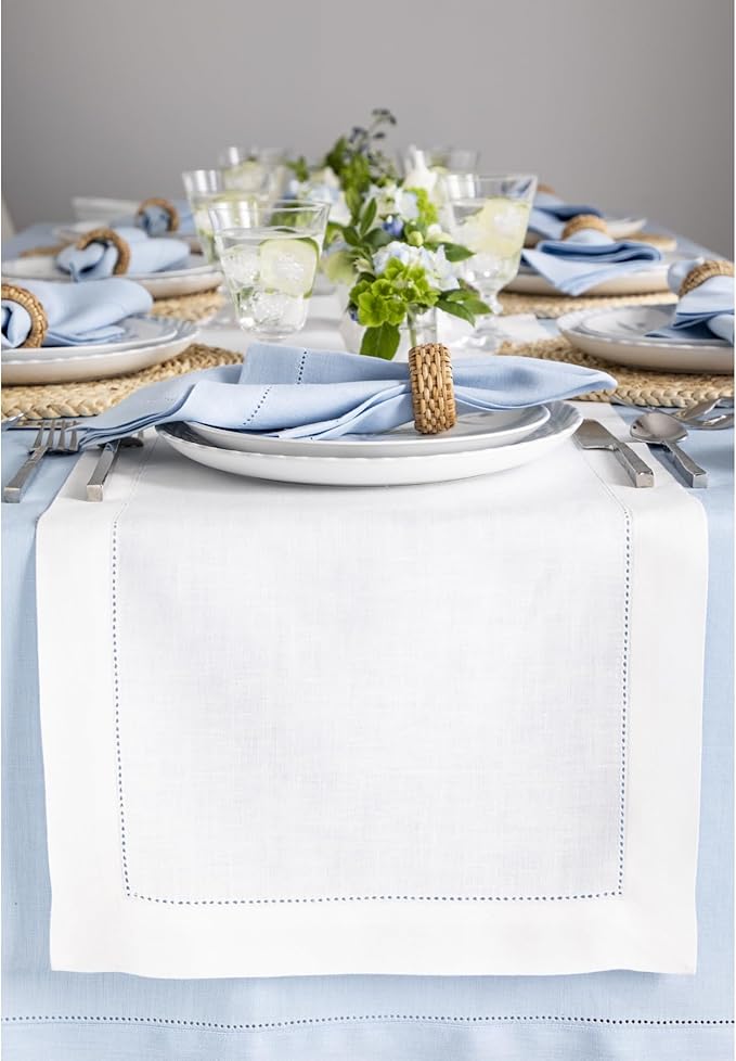 Solino Home Linen White Table Runner 144 Inches Long - 100% Pure Linen Extra Long Table Runner 14 x 144 Inch for Fall, Autumn, Halloween, Thanksgiving, Christmas, Holiday - Classic Hemstitch