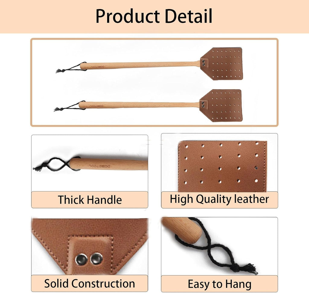 Fly Swatter Set - 2 Pack Wooden Leather Fly Swatter with Hanging Rope, Heavy Duty Fly Swatter for Indoors and Outdoors (2 Brown)