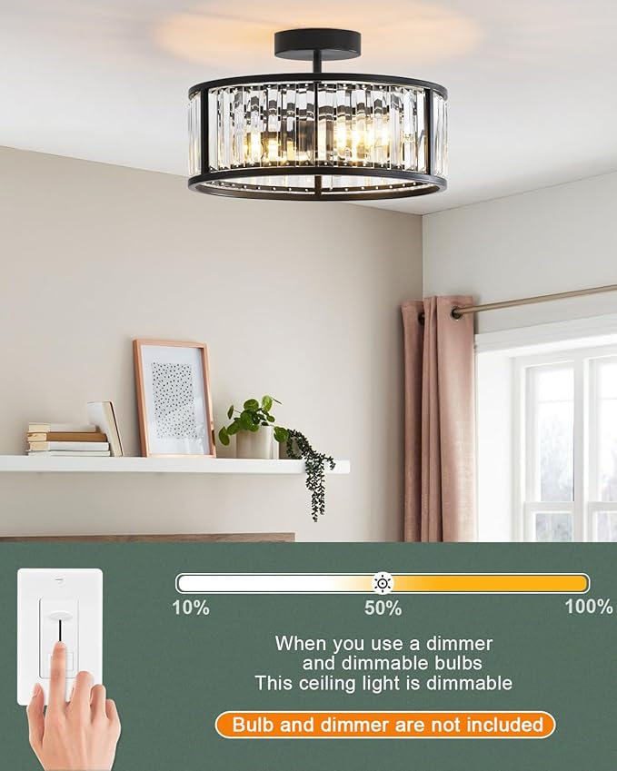 Black Flush Mount Ceiling Light, 2- Light Caged Crystal Chandelier, Small Drum Hallway Light fixtures Ceiling Mount (14 INCH Black)