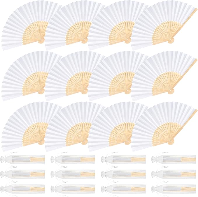 12 Pieces White Hand Held Bamboo Folding Fans Paper Fans Handheld for Women Foldable Girls Wedding Decoration Church Home Party Favors Summer