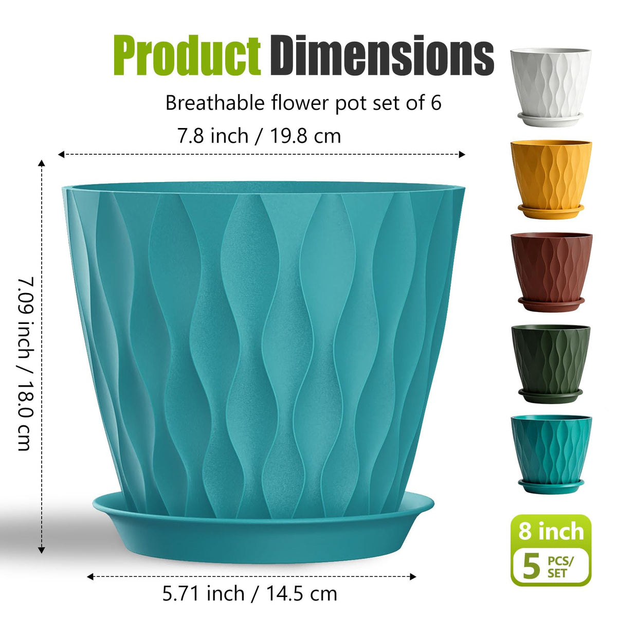 SQKH 8 Inch Plastic Plant Pots,Set of 5 Flower Pots,Planters with Drainage Holes & Saucers, Indoor Outdoor Garden Pots for Home Decor(Colorful)