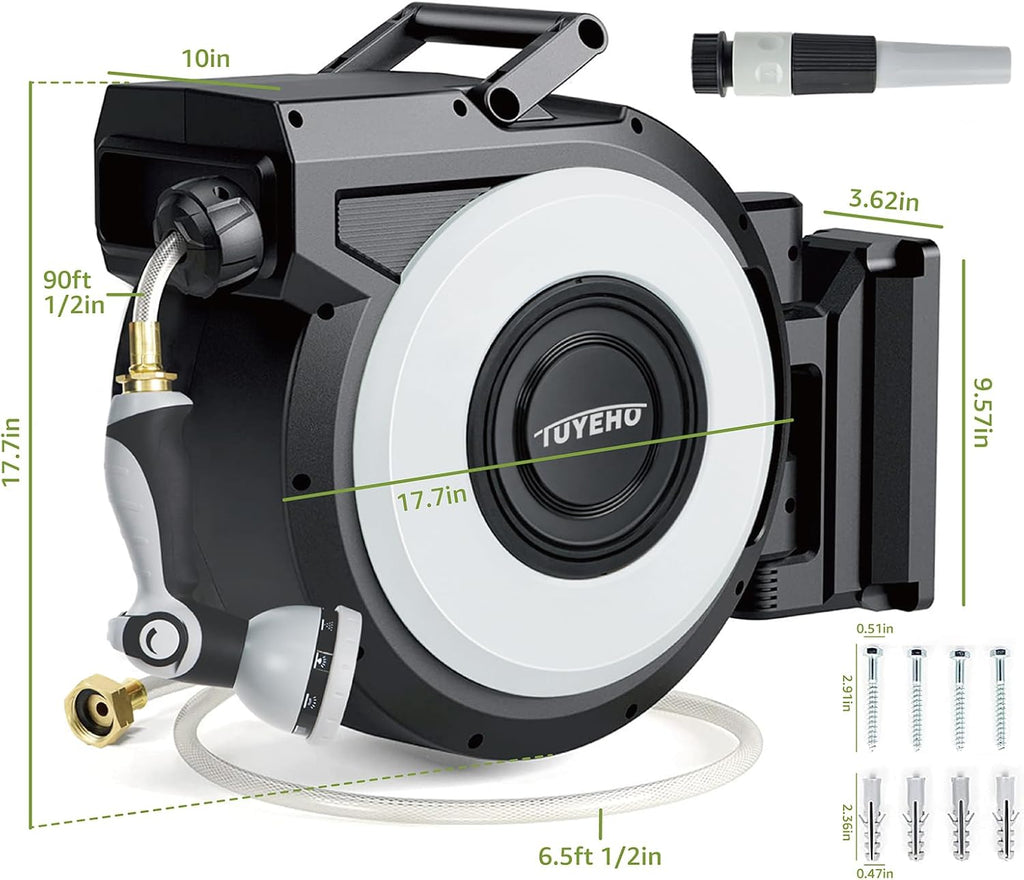 Tuyeho Retractable Garden Hose Reel 90 FT, Wall Mount Heavy Duty Water Hose Reels with Automatic Slow Rewind System, Outdoor Hoses Reel with 2 Hose Nozzles for Garden Watering, Car Wash, Pet Shower
