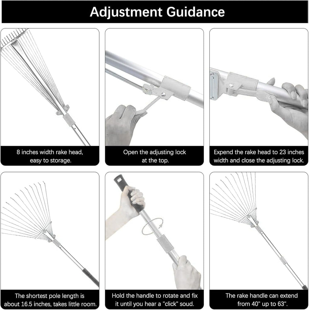 Buyplus Adjustable Garden Leaf Rake - 24 to 63 Inch Telescopic Metal Expandable Folding Leaves Rake, Metal Rakes for Leaves, Yard Rakes for Lawn Yard, Flowers Beds, Sliver