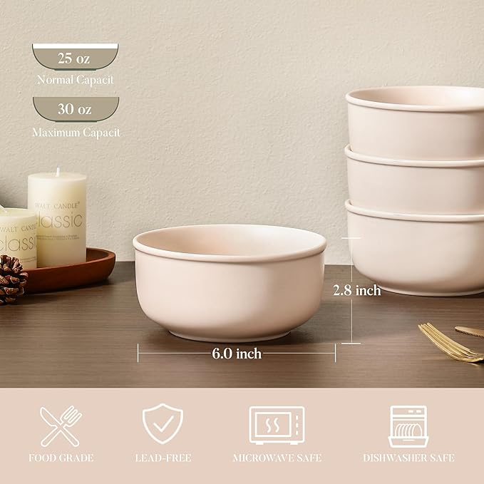 GZG 6-Inch Ceramic Cereal Bowls Set of 4, Rustic Matte Glazed Stoneware Bowls for Cereal, Soup, Salad & Snacks, 30 oz Capacity, Microwave & Dishwasher Safe(Cream Mist)