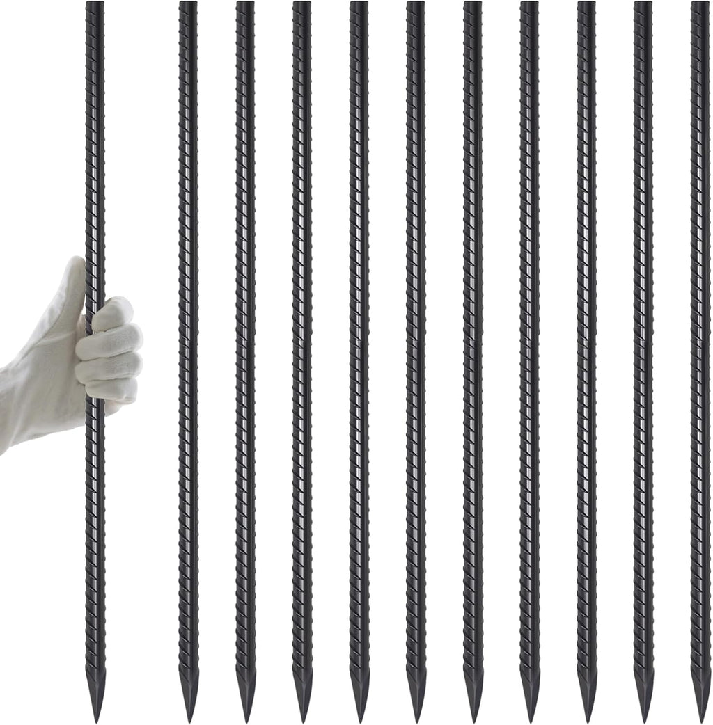 AAGUT Rebar Stakes 24 Inch 10 Pcs Landscape Timber Spikes 1/2", Heavy Duty Straight Garden Plant Stakes for Concrete Forming, Ground Anchors with Chisel Point End, Black