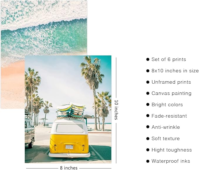 HoozGee Beach Wall Art Prints Set of 6 Summer Seascape Palm Poster Wall Decor Nature Landscape Coastal Surf Art Prints Pictures Photography Photos Print on Canvas Wall Decor (8"x10" UNFRAMED)