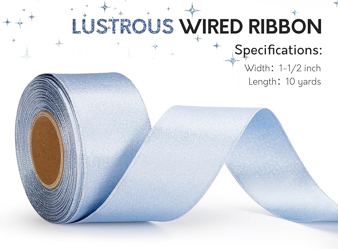 Light Blue Satin Wired Ribbon 1-1/2 Inch Double-Faced Sliver Glitter Christmas Ribbons for Wreath, Tree Decoration, Gift Wrapping, Home Decor 10 Yards
