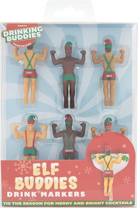 NPW Elf Buddies Drink Markers (Elf Buddies), Wine Glass Charms, Holiday Office Party, Christmas Family Get Together, Novelty Drinkware, White Elephant Gift and More, Christmas In July Decorations