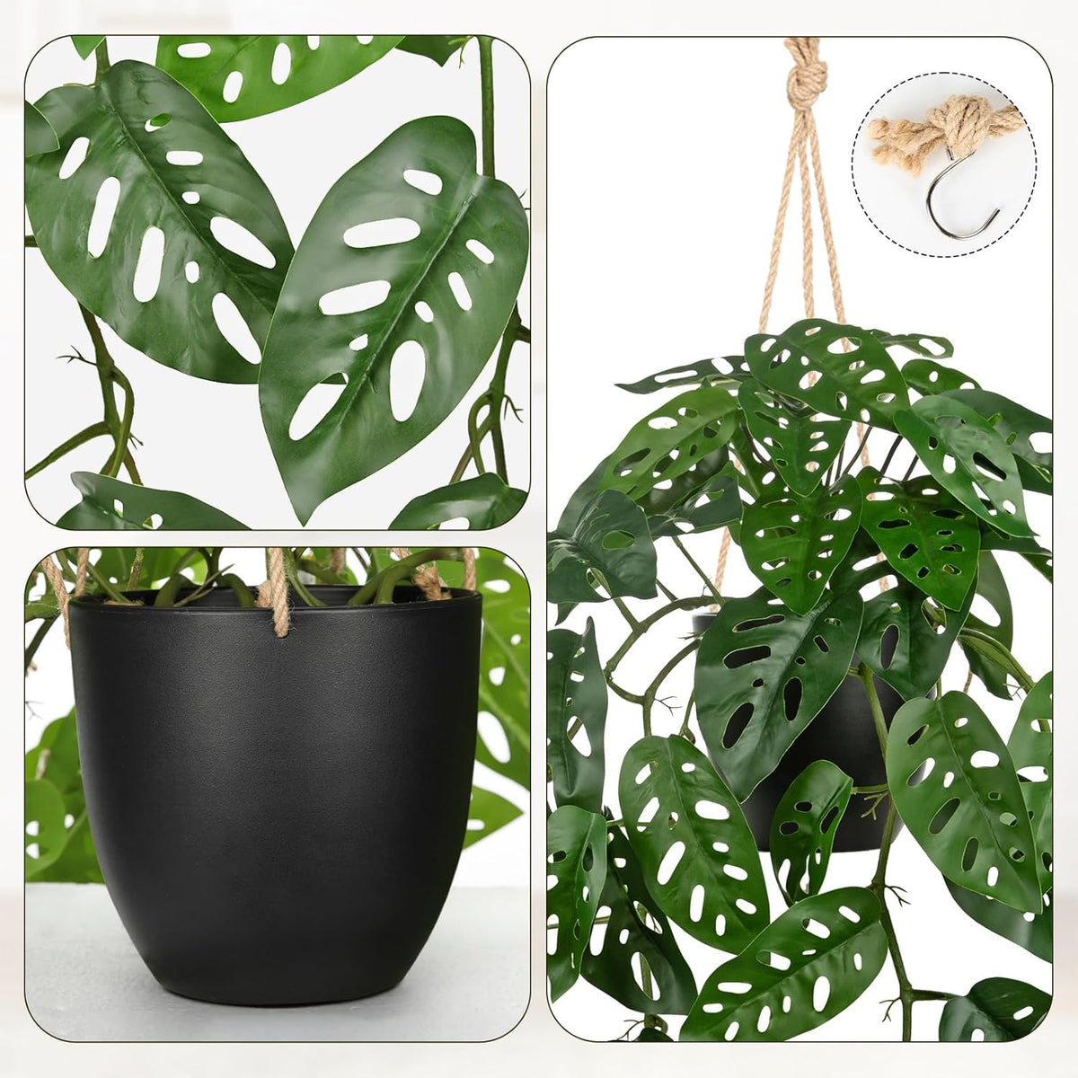 Large Fake Hanging Plants in Pot with Hook, 37" Artificial Hanging Monstera Albo Vines Plants, Fake Potted Greenery Plant for Room Wall Living Room Bathroom Kitchen, Big Faux Ivy Houseplants for Shelf