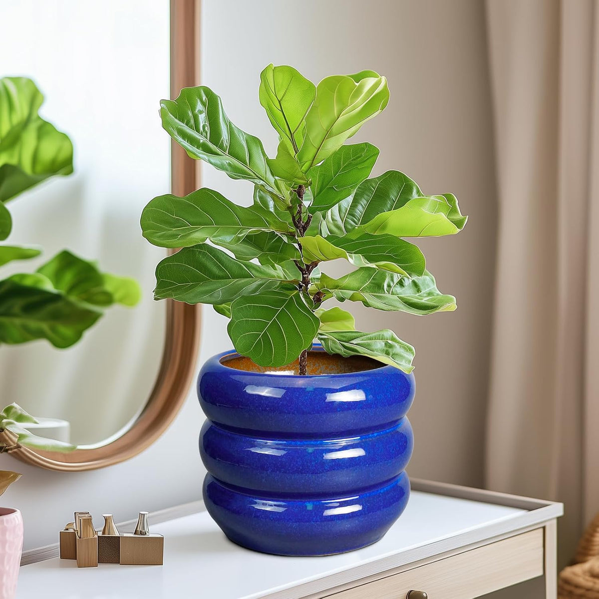 SQOWL 8 Inch Plant Pot - Ceramic Planter Indoor Plant Pot with Drainage Hole Outdoor Flower Pot Round Decorative Plant Pots for Kitchen Counter Desk Decor Blue