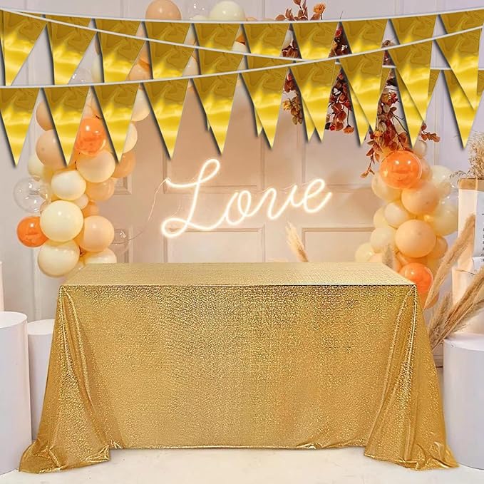 40M/130FT Gold Triangle Pennant Banner Flag Metallic Fabric Bunting Garland for Christmas Graduation Wedding Engagement Anniversary Bachelorette Birthday Bridal Shower Valentines Hen Party Supplies