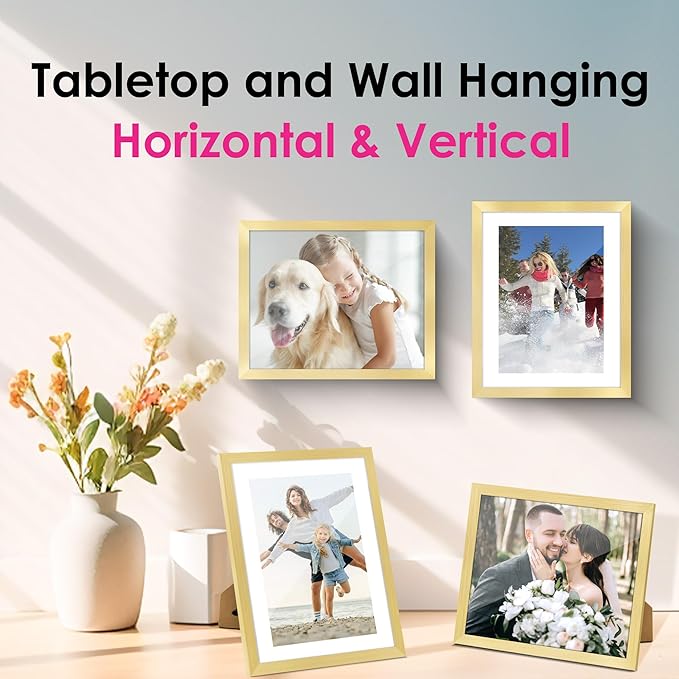 FIXSMITH 8x10 Picture Frame Bulk-6 Pack, Gold Picture Frames Collage Wall Decor, Wall & Tabletop Picture Frames, Photo Frame with HD Plexiglass, Display Pictures 5x7 with Mat or 8x10 Without Mat