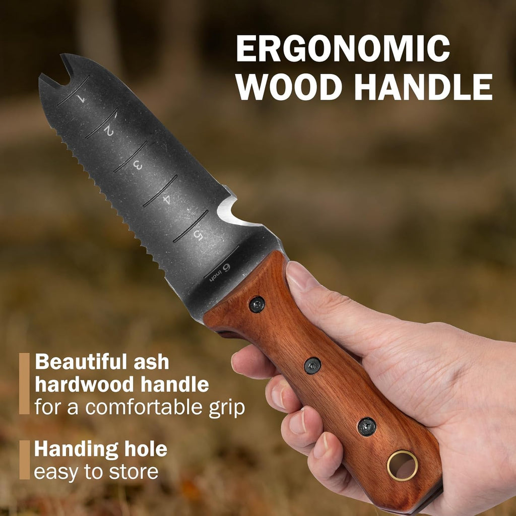 Hori Hori Garden Knife, Garden Tools with Sheath for Weeding,Planting,Digging, 7" Stainless Steel Blade with Cutting Edge, Rosewood Handle with Hanging Hole
