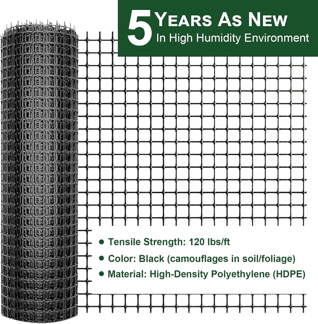 Heavy Duty Plastic Fence Roll 55" x 50' - 0.8x0.8 Inch Chicken Wire Mesh, Reusable Fencing for Garden, Rabbit/Poultry Protection, Balcony & Plant Defense (Black)