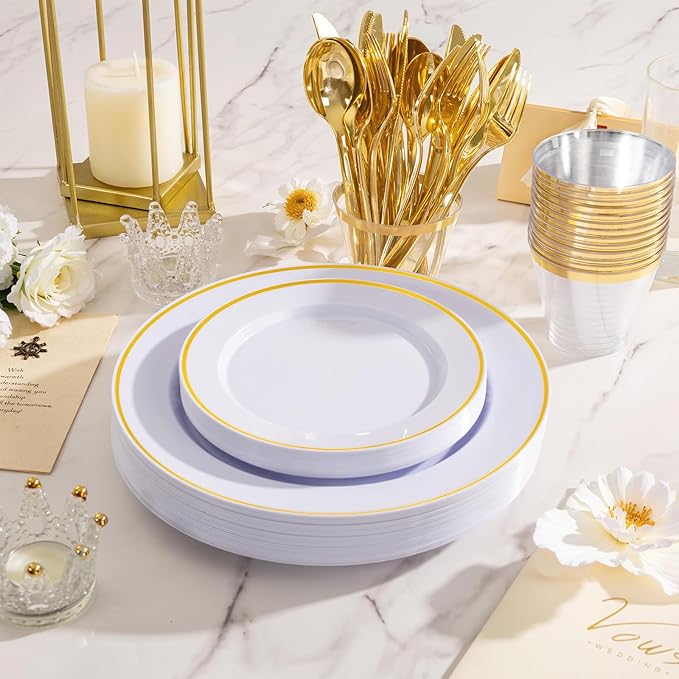 SUT 175 Pcs White and Gold Plastic Plates, Plastic Dinnerware Set for 25 Guests, Disposable Plates and Napkins Party Supplies, Gold Silverware, Plates, Cups and Napkins Sets for Party, Weddings