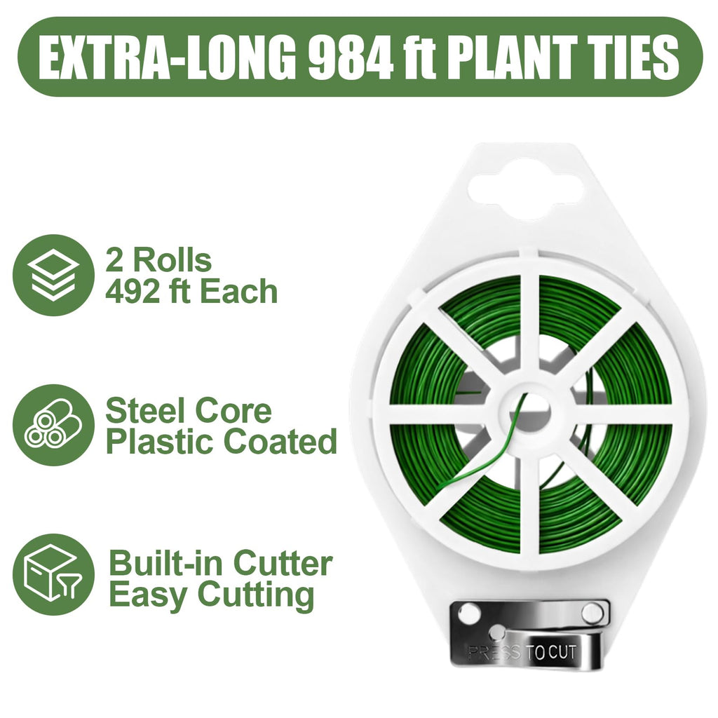 Ahrltim 984FT Total (2 Rolls, 492FT Each) Garden Twist Ties with Cutter, Plant Ties for Tomatoes & Vines, Reusable Garden Ties for Gardening, Cable Management & Home Organization