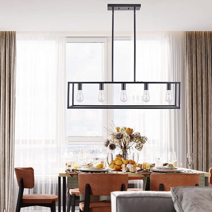 Kitchen Light Fixtures Dining Room Light Farmhouse Rectangle Chandeliers for Dining Rooms, Light Fixture Matte Black 5-Light Industrial Pendant Lighting