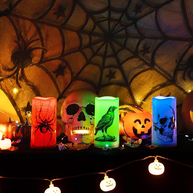 Homemory Halloween Candles, Color Changing Flameless Candle, Battery Opeated Candle, Outdoor Waterproof Plastic Candle with Remote and Timers, Skull, Crow, Spider, 13 Colors, Set of 3