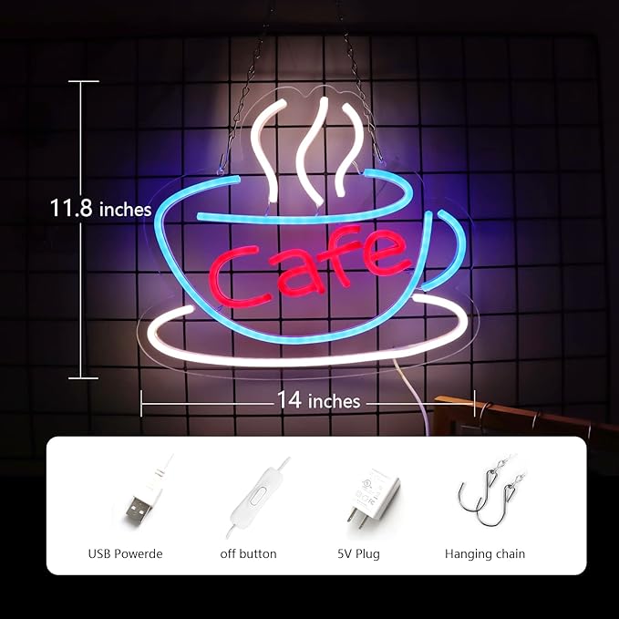 Cafe Neon Sign for Coffee Bar Pub Decor,Blue Wall Art Decoration For Restaurant Living room,Led Light of Cafe,USB Power Supply With Metal Chain.