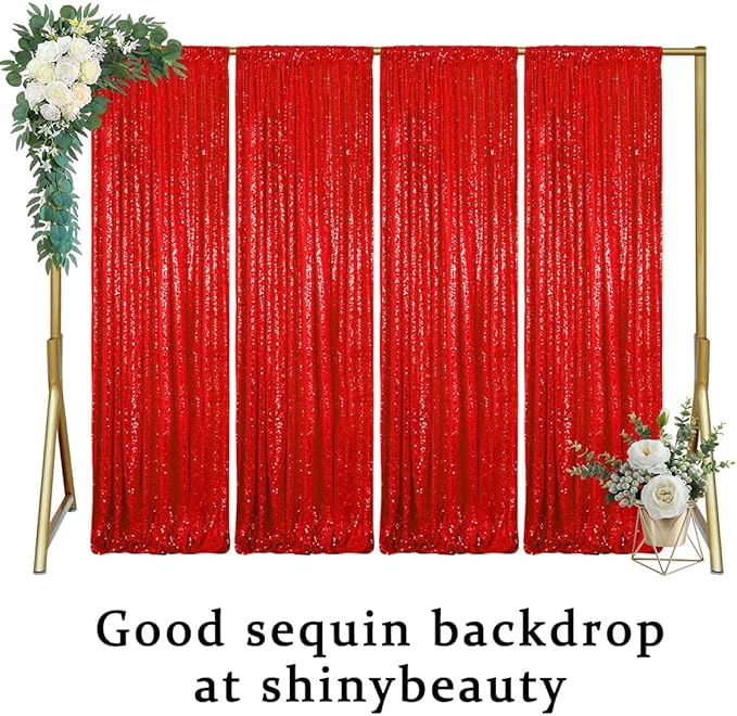 ShinyBeauty 4x10ft Red Sequin Backdrop Curtains | 16ft Glitter Wall Backdrop for Weddings, Parties, and Photography Backgrounds