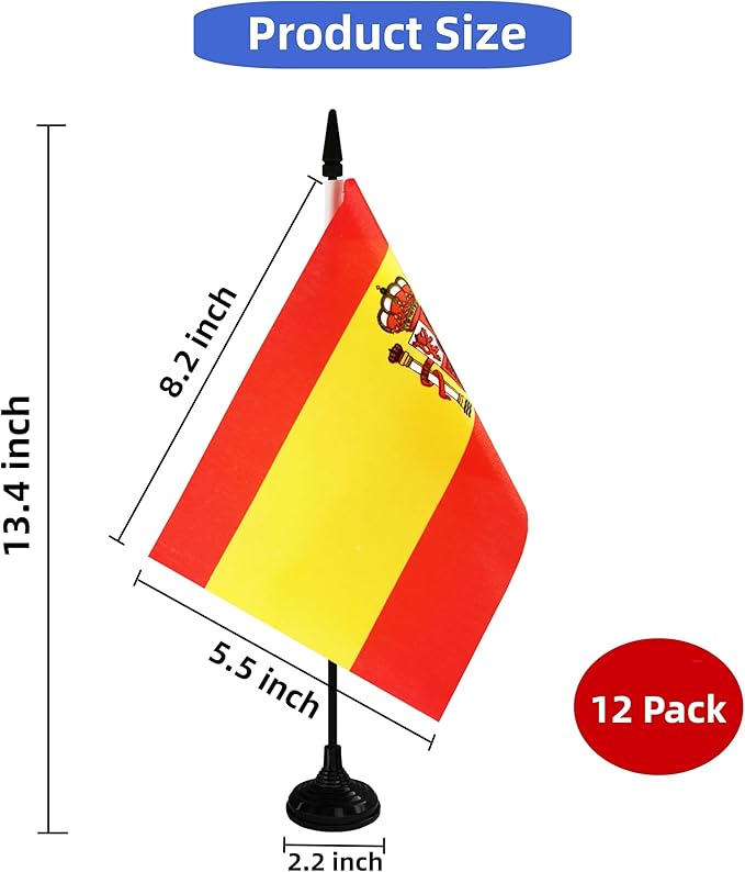 Spain Desk Flag, 12 Pack Spanish Table Office Flag with Black Solid Pole and Stand Base, International Country Flag, Festival Celebration, Classroom Meeting Desktop Decor (Spain)