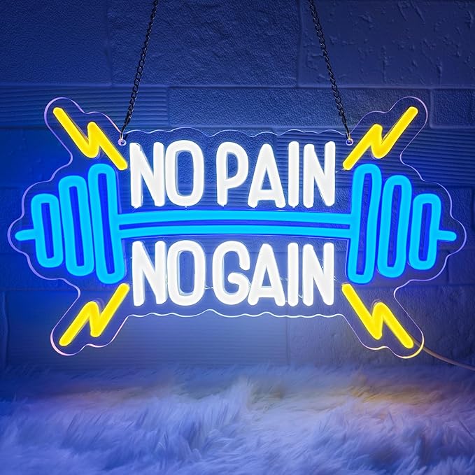 No Pain No Gain Neon Sign for Gym Wall Decor,Led Sign,Neon Lights for Bedroom,Motivational LED Light Up Sign for Home Fitness Room,Garage,Workout,Man Cave,Blue & Yellow Barbell Neon Light