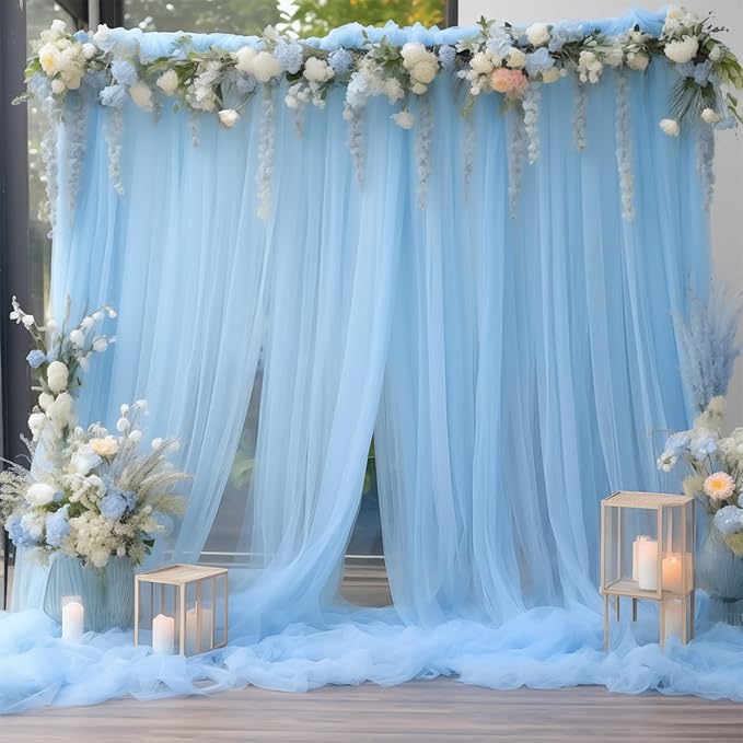 10x10 Blue Tulle Backdrop Curtains for Parties, Sheer Backdrop Curtain Wedding Photo Background Drapes for Baby Shower Photography Birthday Party