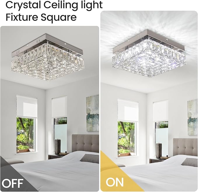 10.6" Crystal Ceiling Light Modern Crystal Chandelier LED Flush Mount Ceiling Light Fixture Mini Square Chandeliers for Bedroom Hallway Kitchen Foyer (Cool White)