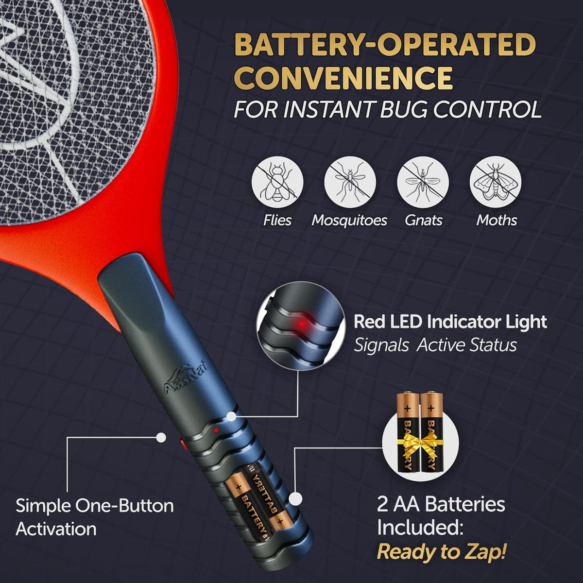 Upgraded Bug Zapper Racket 2025- Big Electric Fly Swatter & Mosquito Zapper for Indoor/Outdoor Insect Control - Battery-Operated Tennis Racket Zap - Portable High Voltage Bug Zapper