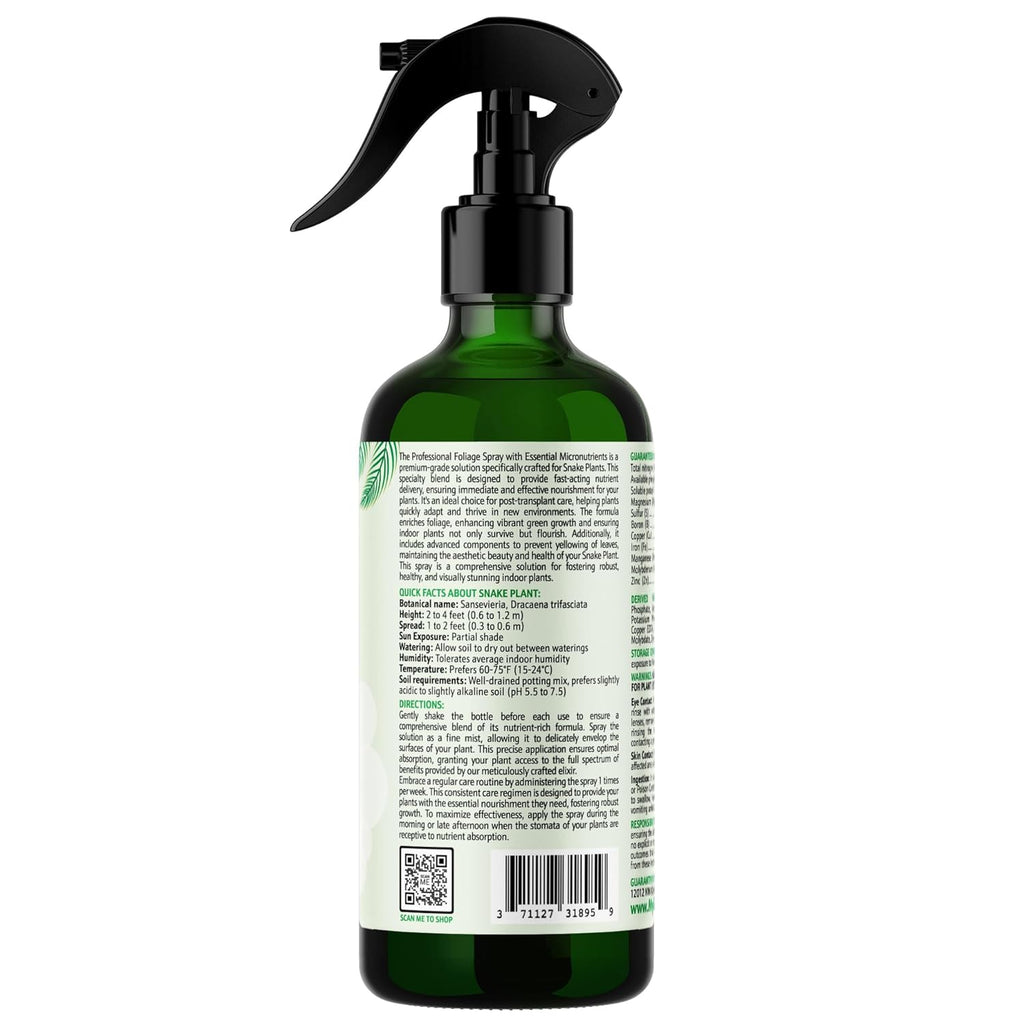 Professional Foliar Plant Spray with Essential Micronutrients 3-1-2 for Snake Plants, Dracaena trifasciata, Sansevieria - Liquid Fertilizer - Plant Food - Plant Shine - Plant Care (16 OZ)