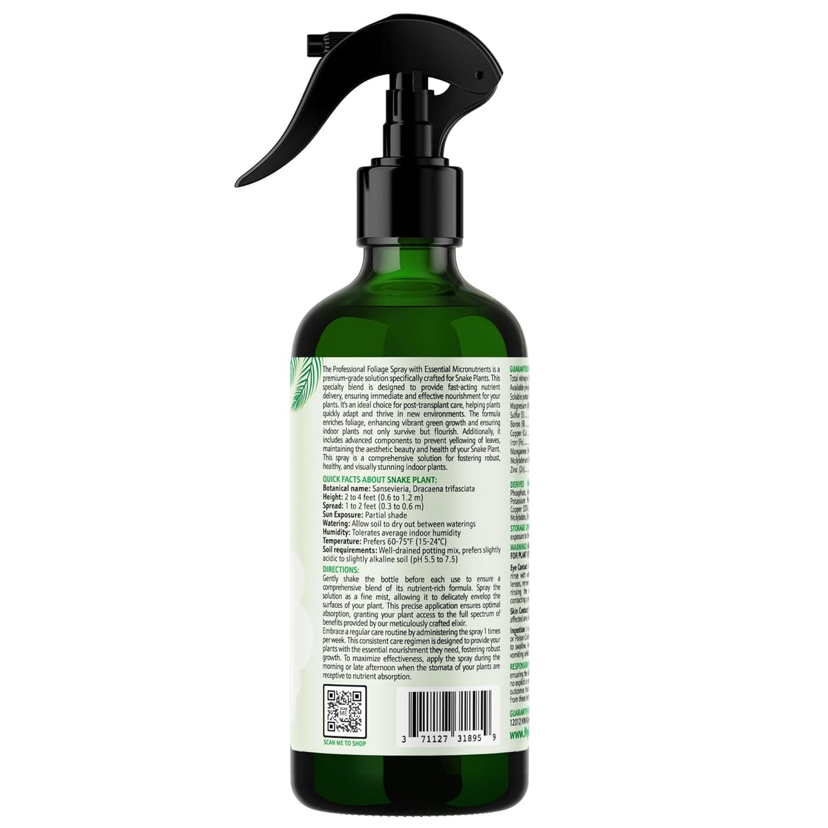 Professional Foliar Plant Spray with Essential Micronutrients 3-1-2 for Snake Plants, Dracaena trifasciata, Sansevieria - Liquid Fertilizer - Plant Food - Plant Shine - Plant Care (16 OZ)