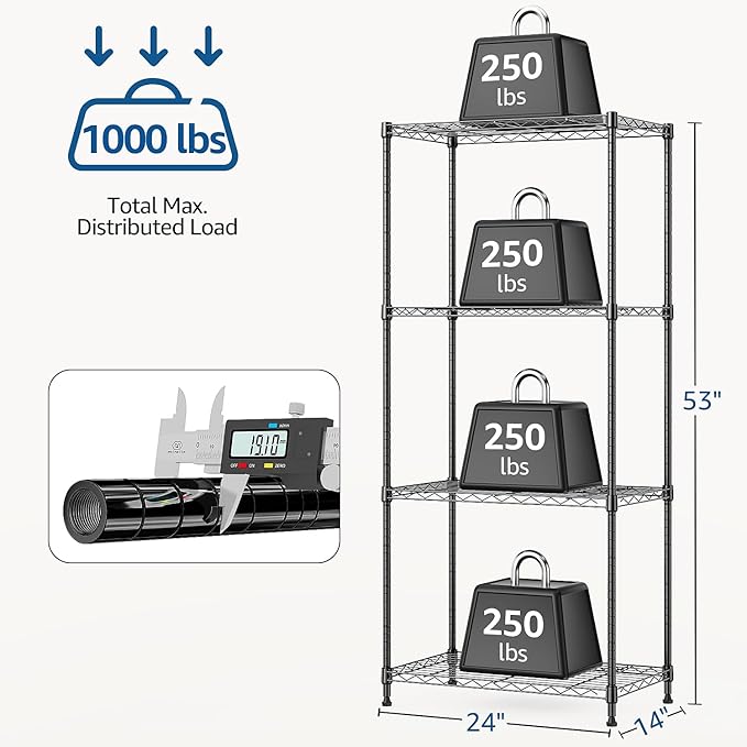 1000 lbs 4Tier Shelf Metal Storage Shelves Wire Rack Closet Organizers with Wheel for Garage Kitchen Bathroom Laundry Black 13.7" D x 23.6" W x 53.4" H