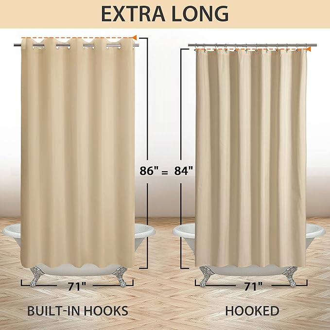 Extra Long No Hook Beige Shower Curtain or Liner - Soft Microfiber 84" Long Fabric Shower Curtain Liner Set, Machine Washable & Water Repellent, Beige, 71x86