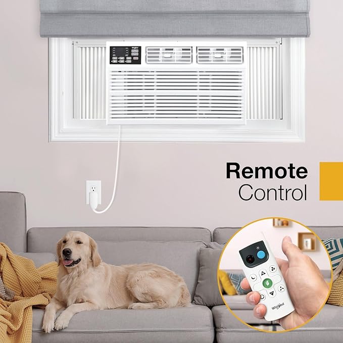 Whirlpool 10,000 BTU Window Air Conditioner with Dehumidifier, 115V, Window AC for Rooms up to 450 Sq. Ft., Living Room, Bedroom, or Kitchen, with Remote Control, Digital Display, and 24H-Timer, White