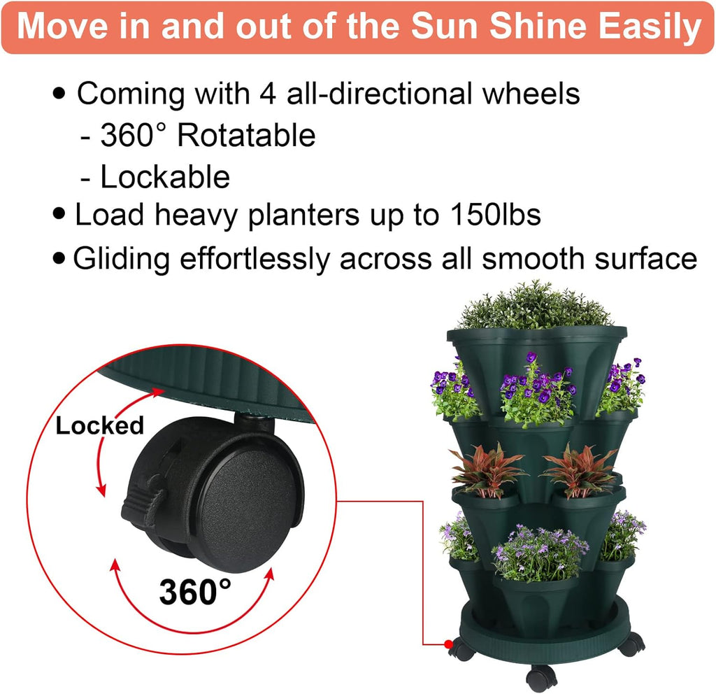 Vertical Planter 4 Tier Stackable Planters Garden Planters Strawberry Herb Flower and Vegetable Planter Indoor Outdoor Gardening Pots with Removable Wheels and Tools 2-Pack