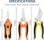 3-pack Garden Pruning Shears Set with Stainless Steel Blades, Bypass Pruners, Handheld Secateurs, Tree Trimmers, & Scissors Whetstone,a Clean Brush and a Hard Case, Ideal for trimming, pruning