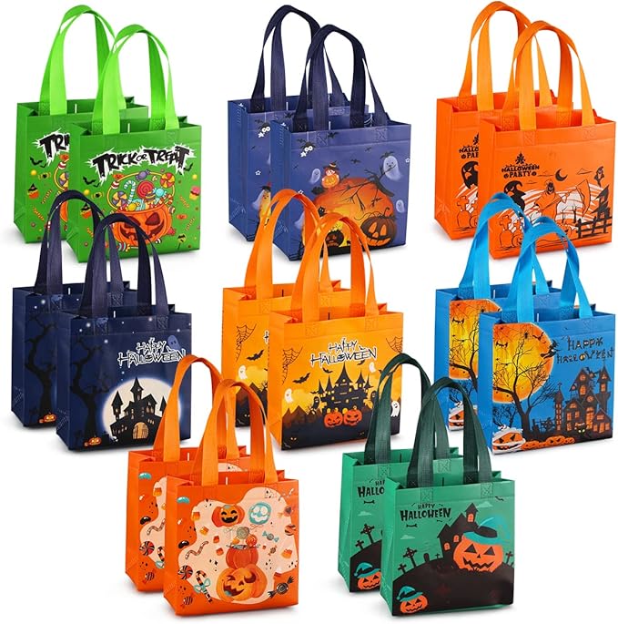 PARSUP Halloween Trick or Treat Bags, 16PCS Small Gift Tote Non-Woven Bags with Handles for Gifts Wrapping, Halloween Party Supplies, 7.9 * 7.9 * 3.15"