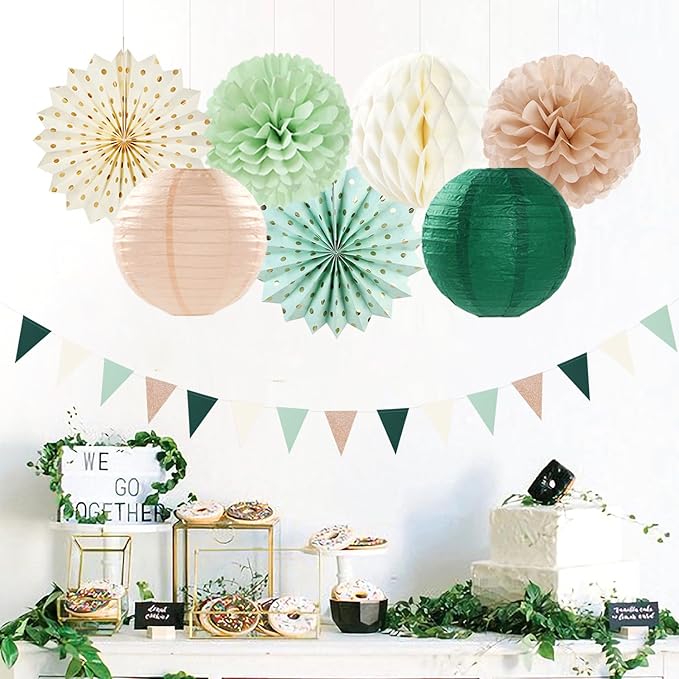 Olive-Sage Green Champagne-Gold Pink Party-Decorations - 20pcs Rustic Wedding Paper Lanterns Fans,Tissue Pom Poms,Honeycomb Balls,Bunting,Boho Bachelorette Neutral Baby Shower Decor Burgleda