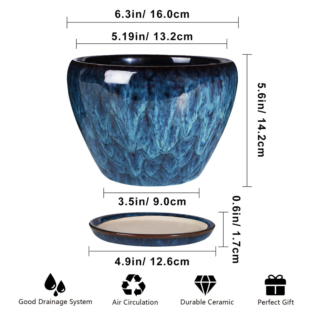 Ceramic Modern Glaze Succulent Planter Pot with Drainage Hole and Saucer 6 Inch Round Flower Plant Pot for Indoor Outdoor Herb Snake Plants