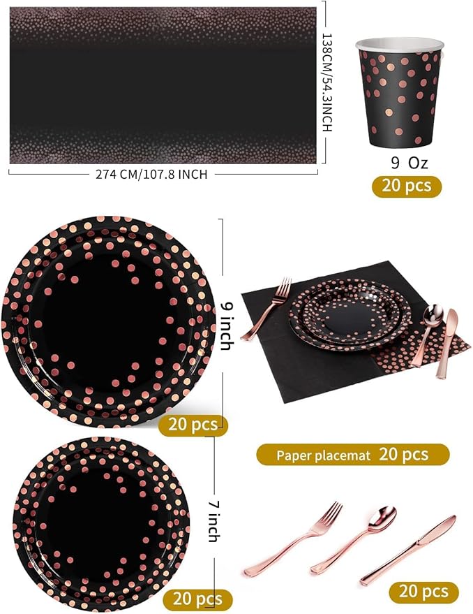 141 Pieces Black and Rose Gold Party Supplies, Party Dinnerware Sets Include Paper Plates Napkins Cups Silverware, for Wedding Bridal Shower Engagement Birthday Parties Decoration -20 Serves