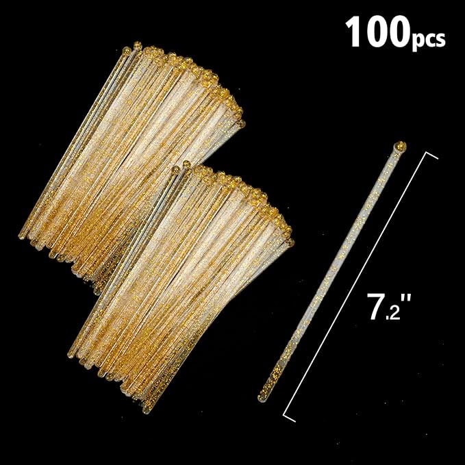 100-PCS Gold Glitter Plastic Swizzle Sticks, Crystal Cake Pops, Cocktail Coffee Drink Stirrers, Stir Sticks for Christmas Party, 7.24 Inch