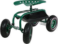 Sunnydaze Rolling Garden Cart with Seat - Garden Stool with Wheels and Adjustable 360-Degree Swivel Seat - Utility Tool Tray and Storage Basket - Green