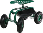 Sunnydaze Rolling Garden Cart with Seat - Garden Stool with Wheels and Adjustable 360-Degree Swivel Seat - Utility Tool Tray and Storage Basket - Green