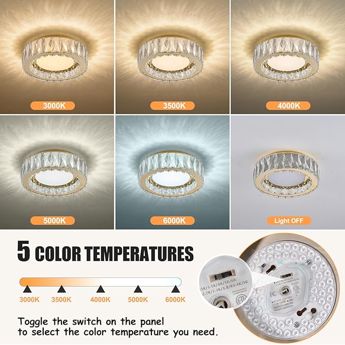 Crystal Gold Flush Mount Ceiling Light Fixture,Dimmable LED 5CCT 3000K-6000K Chandelier,11 Inch Modern Small 24W Round Lighting Fixtures for Kitchen Hallway Foyer Laundry Room