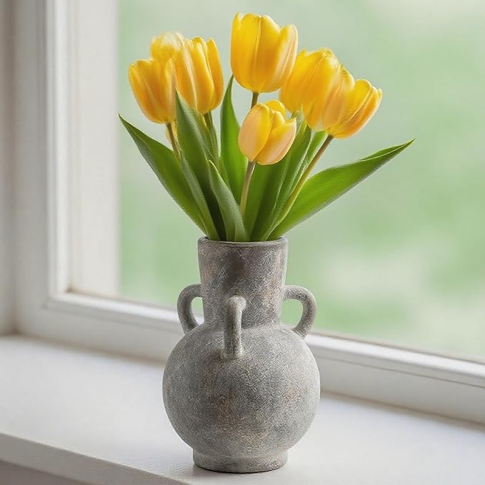 Rustic Grey Terracotta Ceramic Vase with Handles, Vintage Pottery Floral Vases, Cottage Core for Home Decor Table Centerpiece, Large Flower Vase for Bouquets Table Mantel Bedroon Bathroom 8.5 Inch