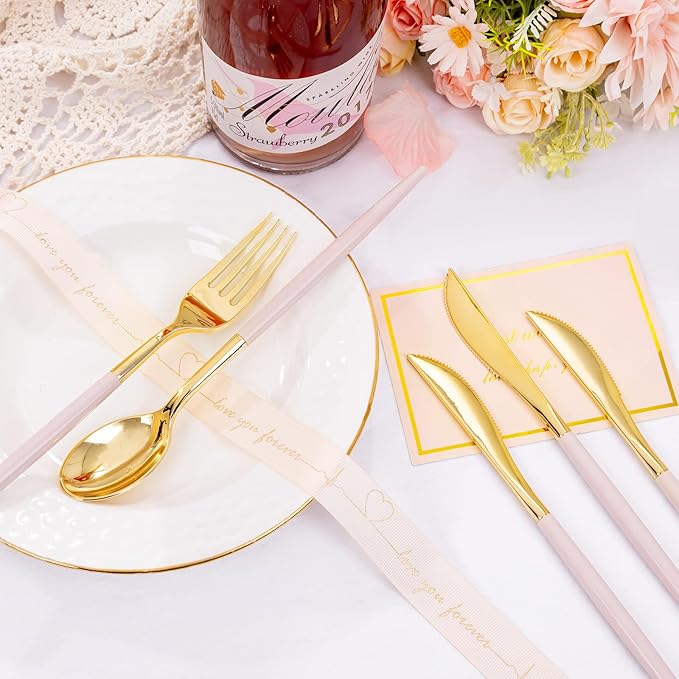 SUT 160Pcs Pink and Gold Plastic Silverware, Heavy Duty Plastic Silverware, Valentines Plastic Utensils, 80 Plastic Forks, 40 Knives, 40 Spoons, Disposable Cutlery for Parties, Valentines(Pink Gold)