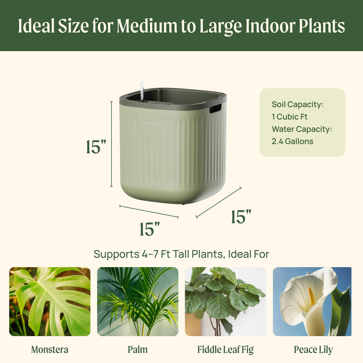 15 Inch Self-Watering Planter for Indoor Plants – Large Modern Plant Pot with Built-In Water Reservoir, Ideal for Monstera, Fiddle Leaf Fig, Palms & Peace Lily, Without Trellis (1, Sage Green)