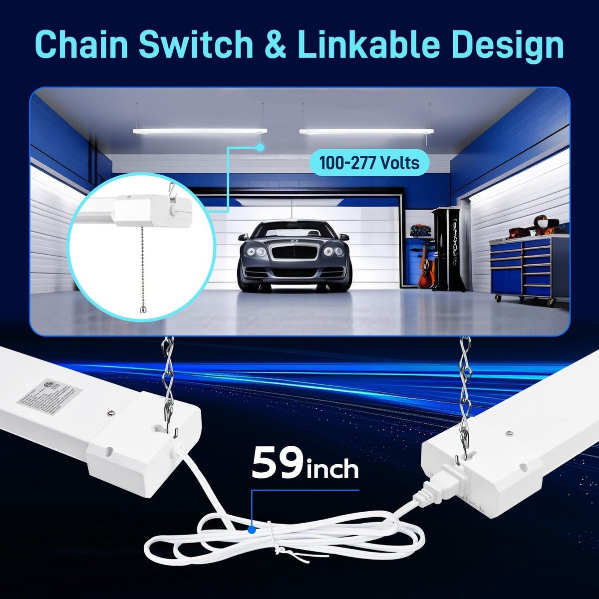 hykolity 1 Pack 4FT Linkable LED Shop Light for Garage, 6500lm, 4FT 60W Utility Light Fixture, 5000K Daylight LED Workbench Light with Plug, Hanging or Surface Mount, White - ETL