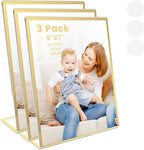 Acrylic Gold Frames 5 x7, Slanted Back Gold Picture Frames Table Acrylic Sign Holder for Photos Wedding Table Numbers and Art Display with Removable Clear Sticky Dots,3 Pack